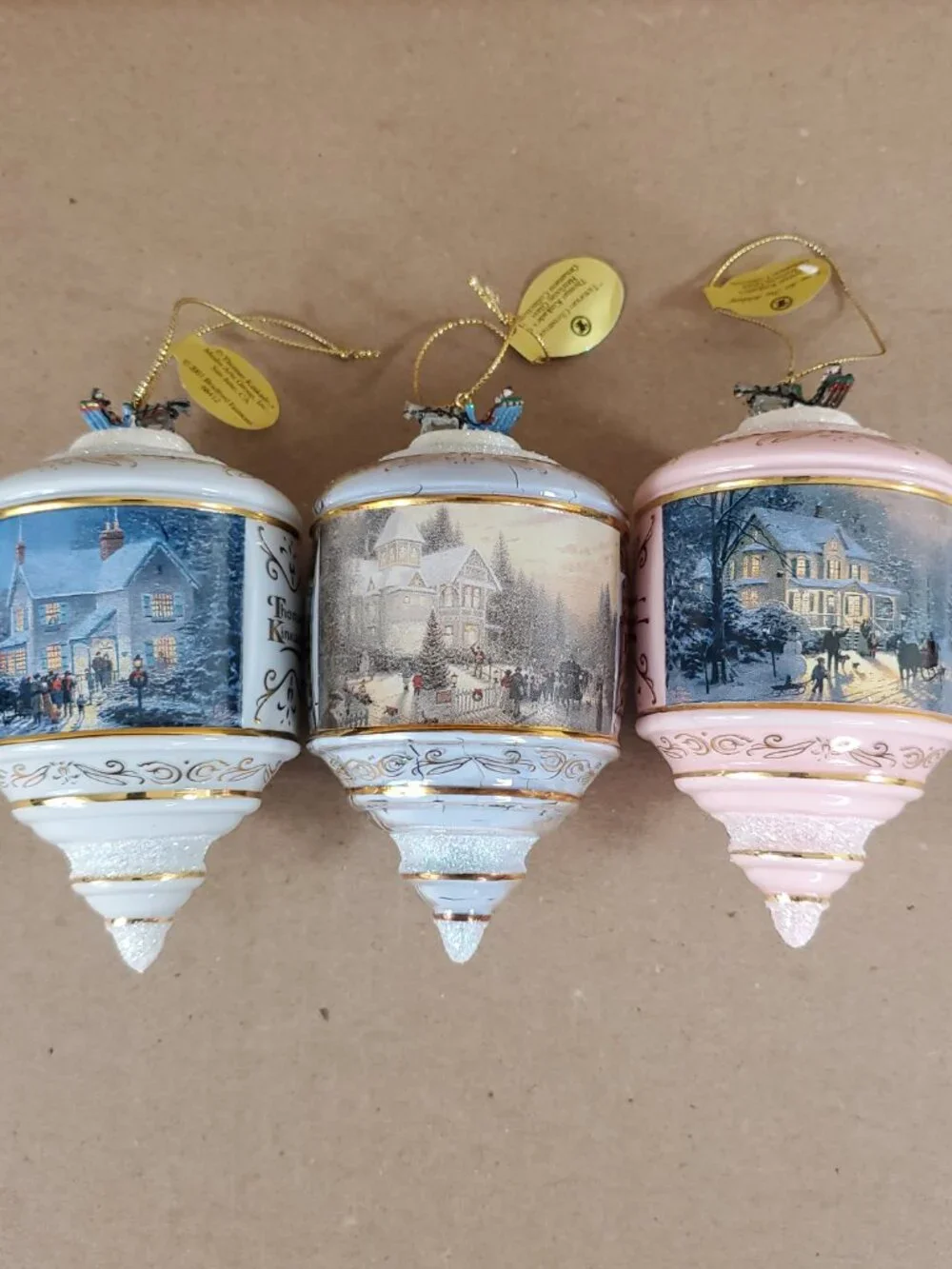 Thomas Kinkade Heirloom Glass Christmas Ornaments Lot Of 3 Bradford Edition